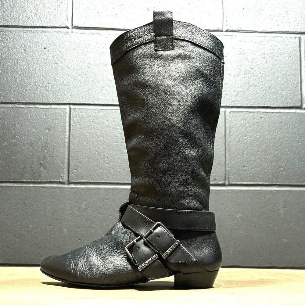 Gianni Bini Moto Boots Women’s 7 Black Leather Harness Riding Buckle Low Heel